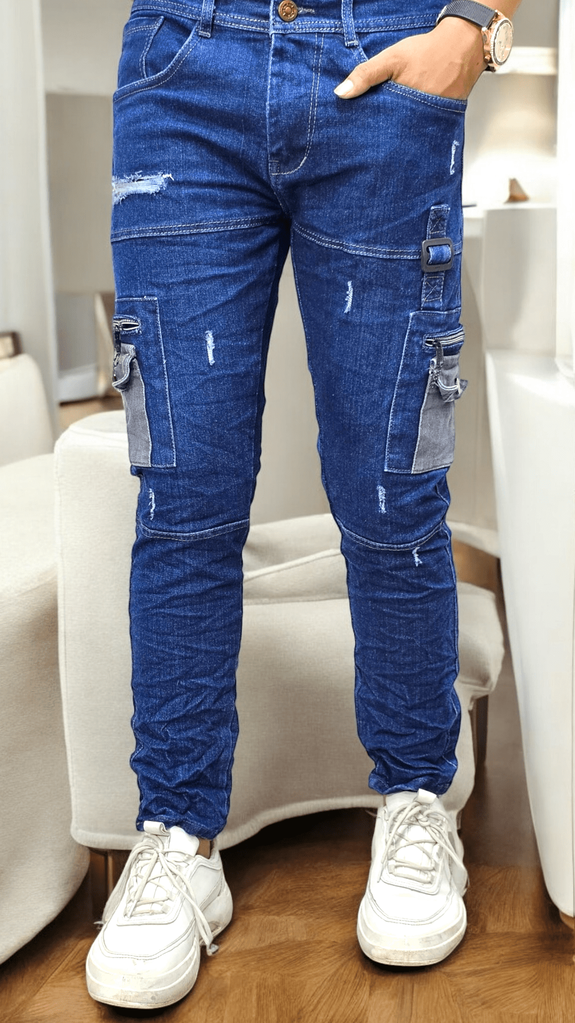 six pocket slim fit jeans.