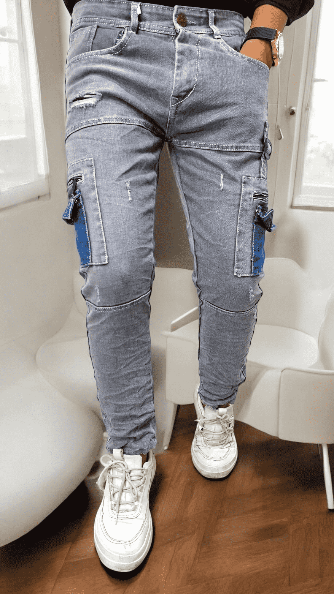 six pocket slim fit jeans.