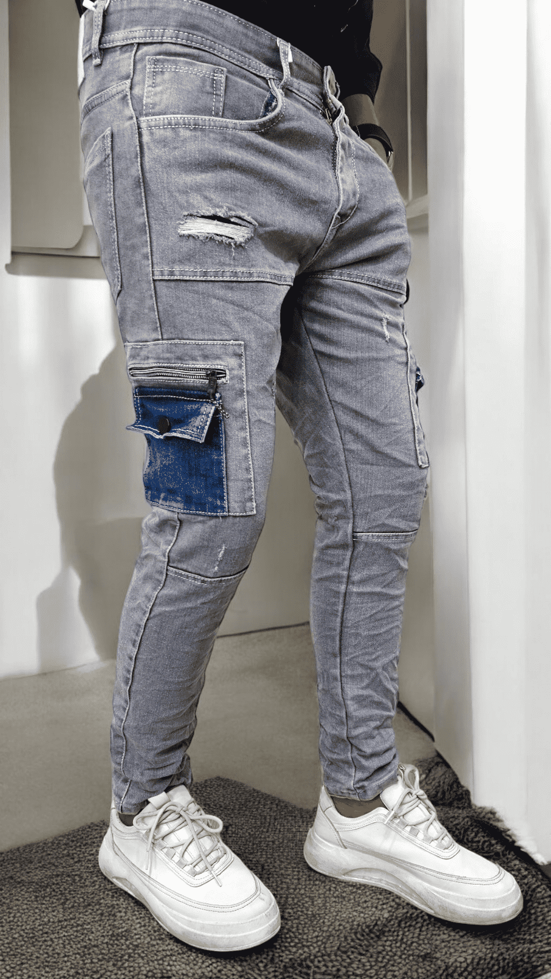 six pocket slim fit jeans.